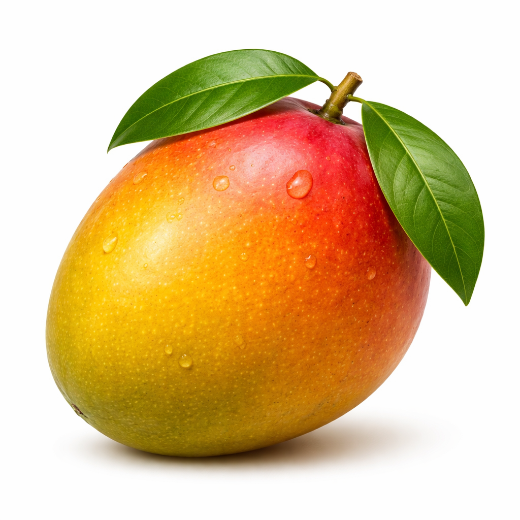 fresh mango with vibrant green leaves